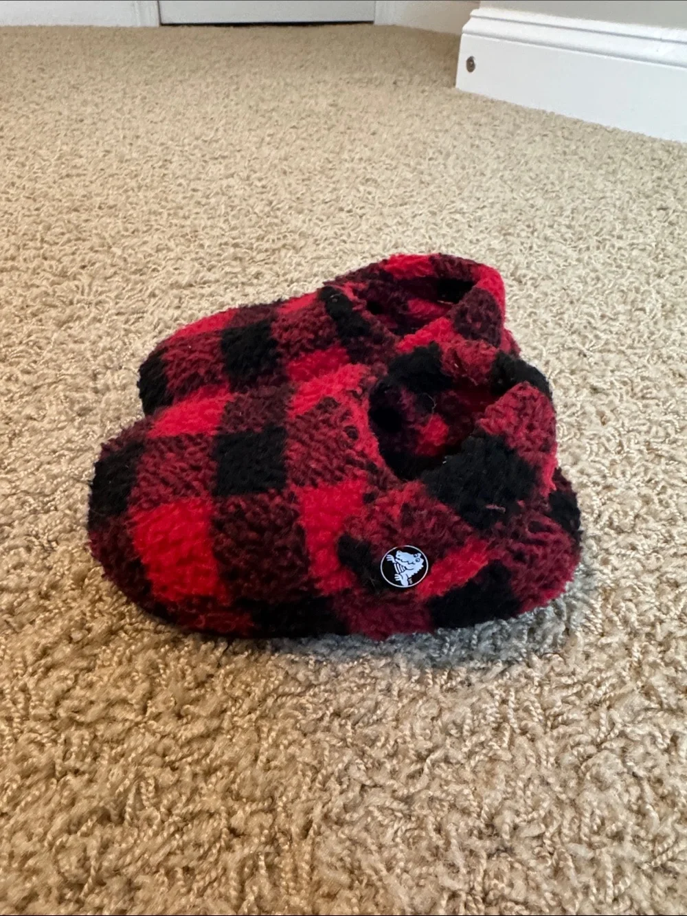 Crocs Red & Black Buffalo Plaid Fuzzy Slip-On Slippers